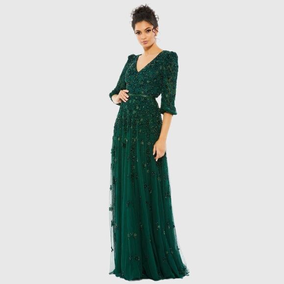 Mac Duggal 5497 Womens Green Embellished V Neck 3/4 Sleeve A Line Gown Regular - Picture 2 of 13